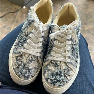 Rhinestone Slip-On Sneakers - Beige with Blue/Green Accents